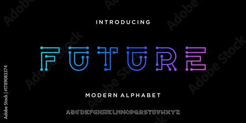 Future tech circuit alphabet font. Neon typeface with technology digital network vector illustration.