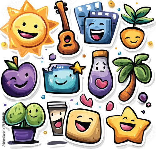 Colorful cartoon stickers of happy objects with smiling faces