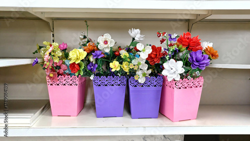 Canvas Print several colorful artificial flower arrangements in decorative plastic pots