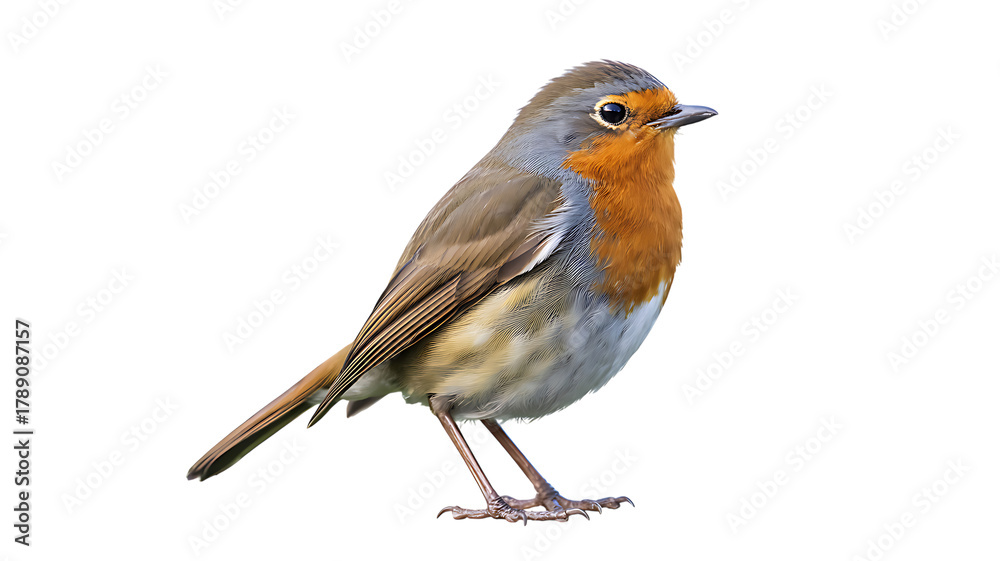 Fototapeta premium European robin perched against a stark black background showcasing its vibrant orange breast and detailed feathers