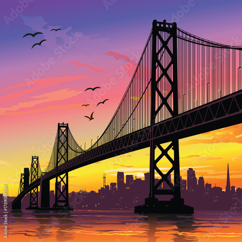 Sunset at san francisco bay bridge vector illustration