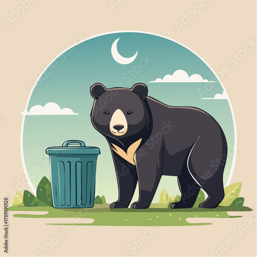 人里に現れる熊のベクターイラスト アーバンベアと社会問題  注意喚起