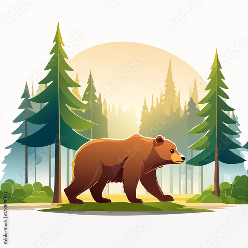 山歩きする熊のかわいいベクターイラスト 森の自然