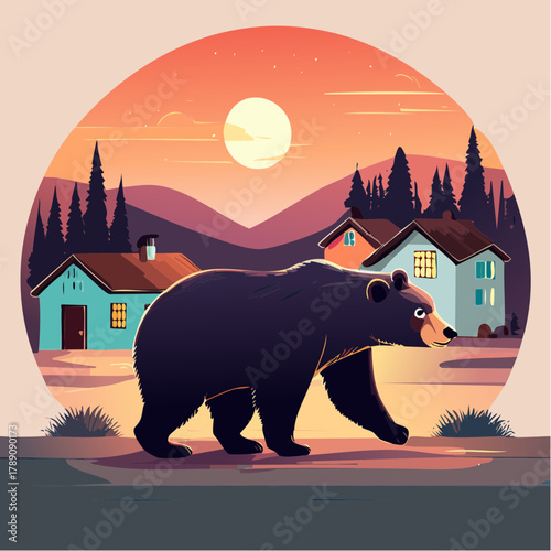 人里に現れる熊のベクターイラスト アーバンベアと社会問題  注意喚起