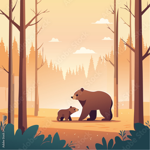 山歩きする熊の親子のかわいいベクターイラスト 森の自然