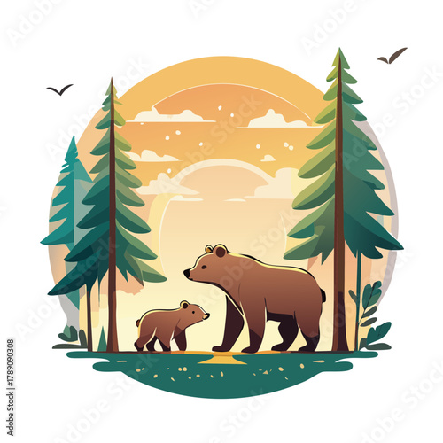 山歩きする熊の親子のかわいいベクターイラスト 森の自然