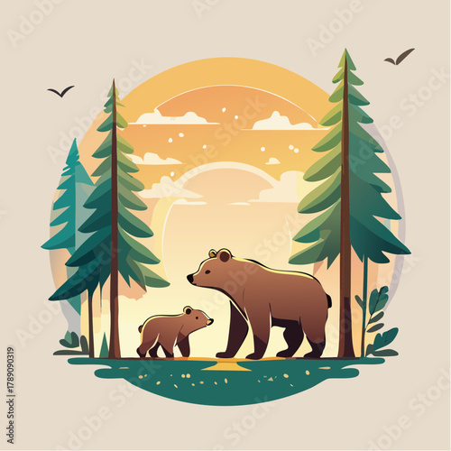山歩きする熊の親子のかわいいベクターイラスト 森の自然
