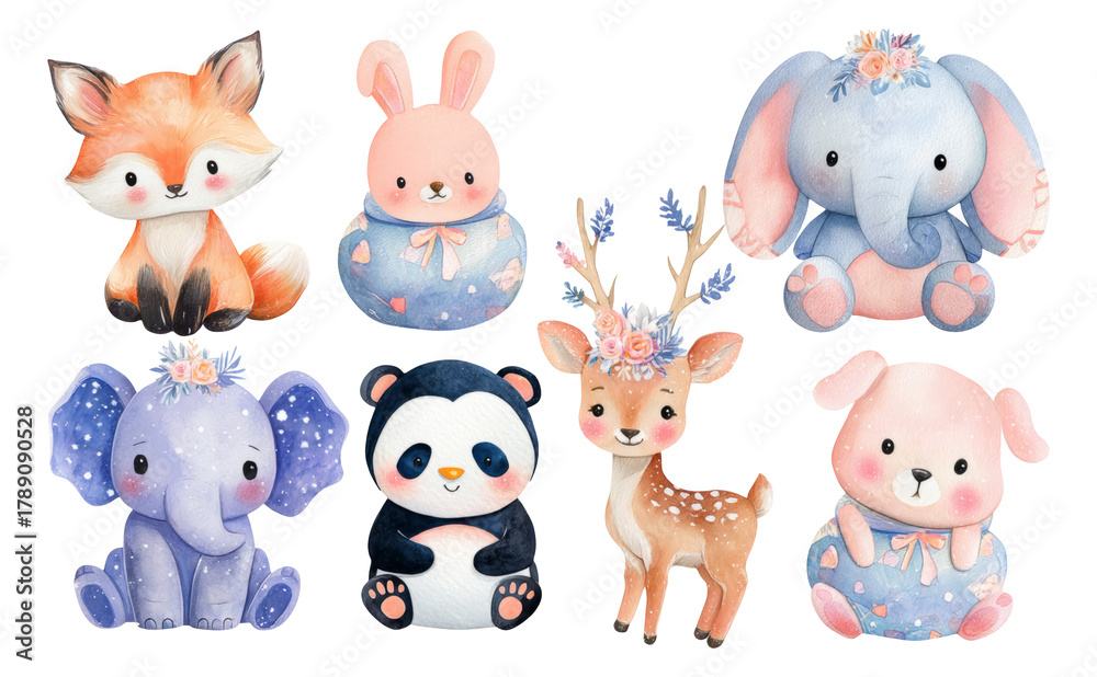 Fototapeta premium Adorable watercolor animals: fox, rabbit, elephant, panda, deer, and bear on transparent background
