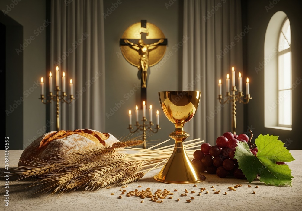 Fototapeta premium Sacred communion elements with golden chalice, bread, grapes, wheat, and candles before crucifixion