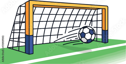 Illustration of a soccer ball hitting the goalpost and rolling across the green field with white lines in front of a yellow and blue soccer goal, with a plain white background.