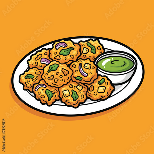 A cartoon illustration of crispy Indian pakoras with green chutney on a white plate against an orange background.