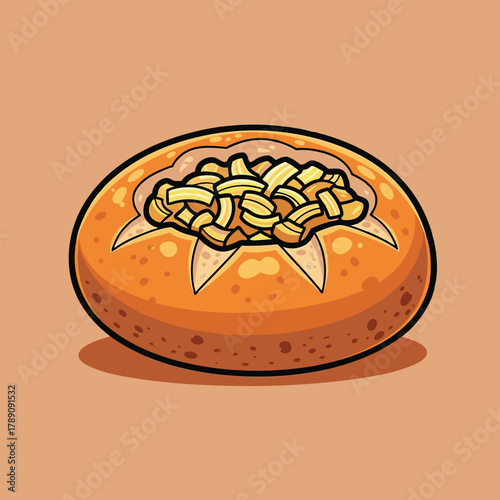 A cartoon illustration of a round, crusty bread bowl filled with golden-brown baked pasta or a cheesy casserole dish, presented on a plain background.