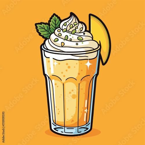 Refreshing mango lassi drink with whipped cream, mint, and pistachio garnish in a tall glass on a vibrant orange background.