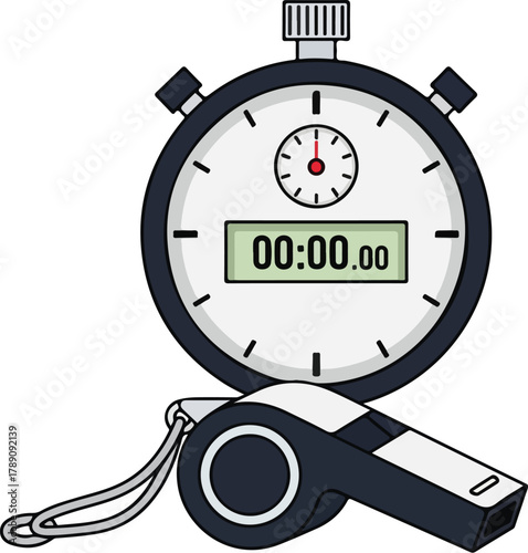 Illustration of a digital stopwatch and sports whistle, commonly used in soccer and world cup events, against a clean white background with a focus on sports timing.