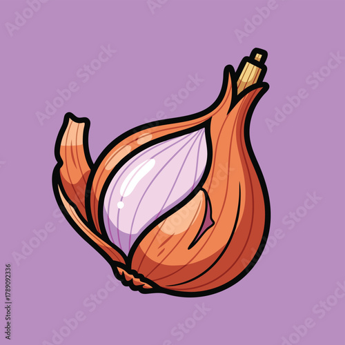 A detailed illustration of a single shallot, partially peeled, showing its brown skin and light purple layers.