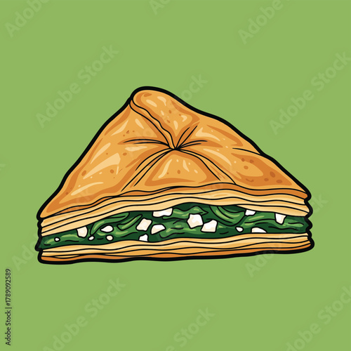 An appetizing illustration of a triangular Greek spanakopita pastry filled with spinach and feta cheese, on a green background.
