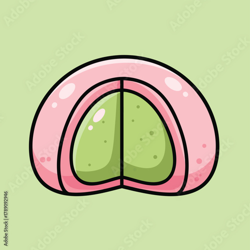Cartoon illustration of a pink mochi dessert with a vibrant green filling, cut in half to reveal its soft texture.