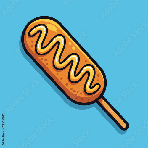 A cartoon illustration of a golden-brown corn dog with yellow mustard drizzled on top, set against a vibrant blue background.