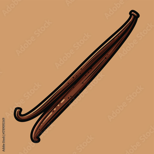 Detailed illustration of two dark brown vanilla beans on a light brown background.