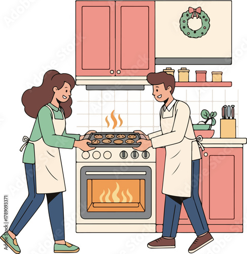 Couple baking cookies together in a cozy kitchen with a festive wreath.