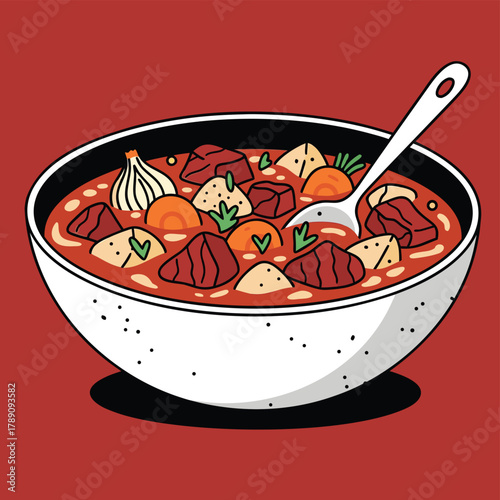 A vibrant cartoon illustration of a hearty beef stew with vegetables and a spoon in a white bowl on a red background.