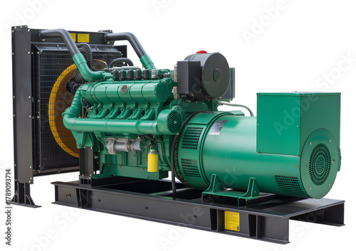 Industrial green diesel generator set with a large radiator for backup power supply, isolated on a white background.