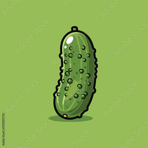 A cartoon illustration of a vibrant green pickle with a bumpy texture standing upright on a solid green background.