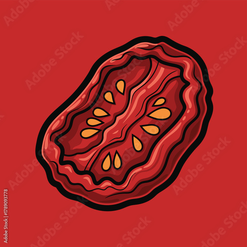 A detailed illustration of a sun-dried tomato slice with visible seeds on a vibrant red background.