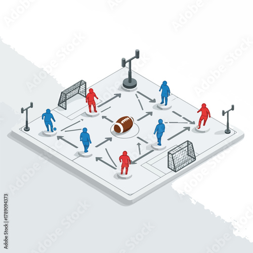 Isometric illustration of soccer players in red and blue teams positioned around a soccer ball on a white field with goals and floodlights, conveying a world cup strategy.
