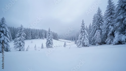 Wallpaper Mural A serene winter landscape featuring snow-covered fir trees and a vast expanse of white snow under an overcast sky. Torontodigital.ca