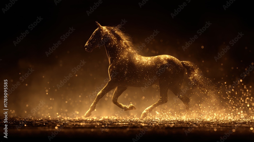 Fototapeta premium Golden Horse Silhouette Runs Through Glowing Particles Symbolizing Prosperity and Success in a Magical Landscape