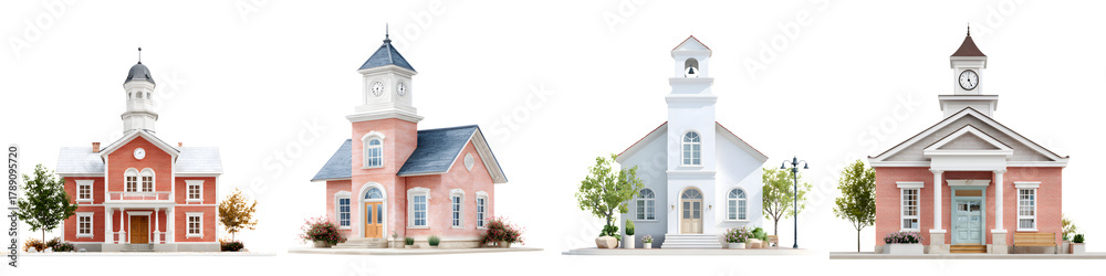 Fototapeta premium Cartoon City Hall and Church Watercolor Set on White Background