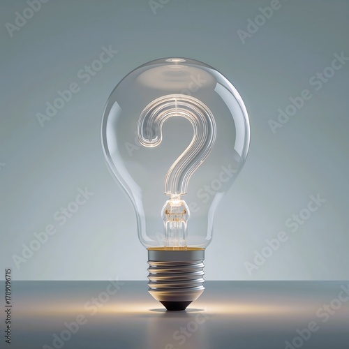 Transparent glass bulb containing a 3D question mark, soft studio lighting, minimal white background, realistic composition ideal for curiosity, innovation, or problem-solving concepts.