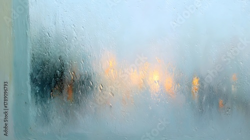 Blurred lights and trees seen through a fogged window pane.