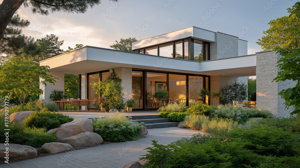 Fototapeta premium Modern Home Oasis: A sleek, contemporary home with expansive glass windows and a welcoming open-air porch, seamlessly blending into its lush, landscaped surroundings.