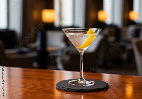 Crystal clear martini cocktail with a lemon twist served on a polished wooden bar.