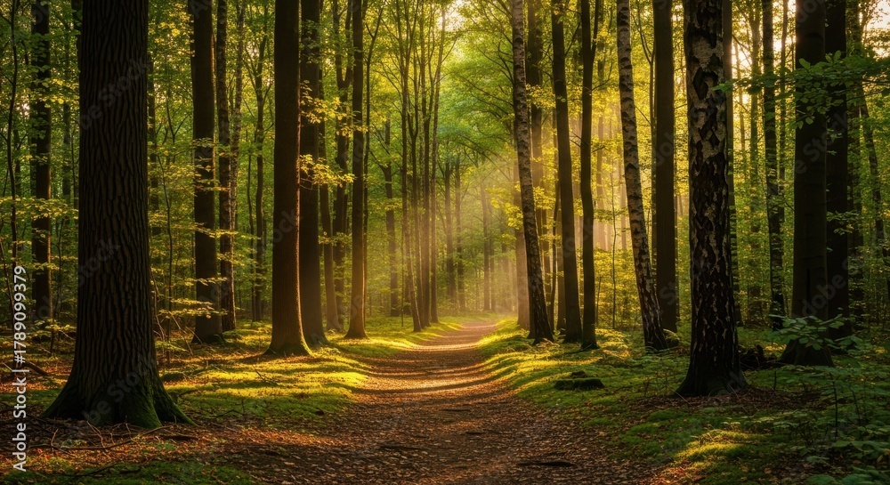 Naklejka premium Sunlight streams through tall trees on a forest path