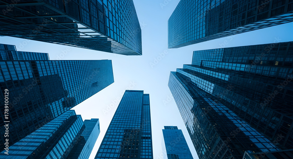 Fototapeta premium Modern skyscrapers reaching towards the sky, offering a stunning architectural perspective, perfect for commercial use