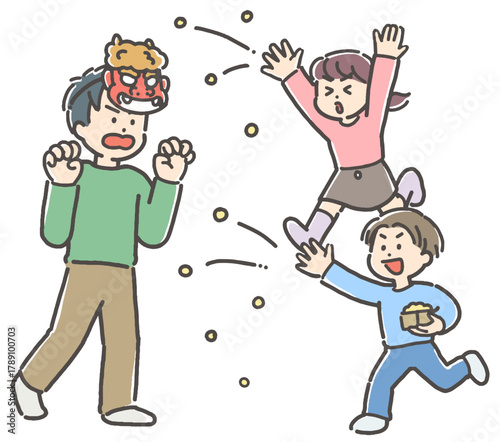 節分の豆まきをする、若い父親と男の子と女の子の家族