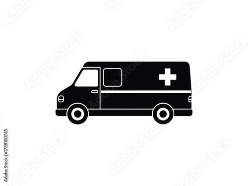 Black Silhouette of an Ambulance with Cross on White Background medical healthcare