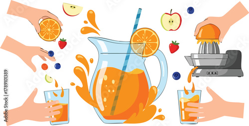 Creative Illustration of Fresh Orange Juice Preparation with Juicy Oranges and Berries Splashing in Pitcher and Glasses