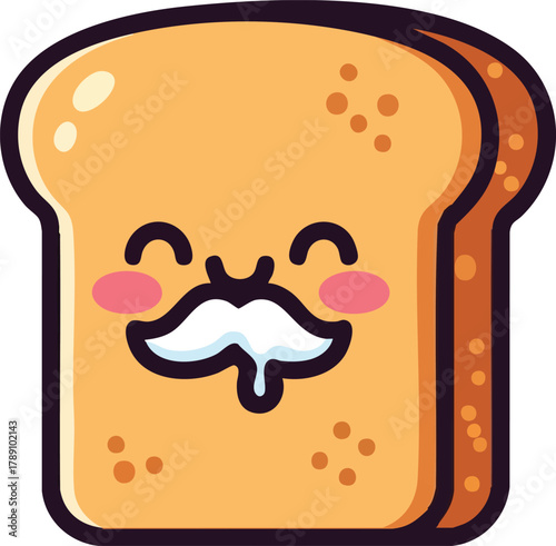 Cute Kawaii Toast Character With Moustache And Drooling Mouth Illustration
