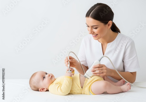 Pediatrician using ultrasound machine to examine infant lying on white examination table