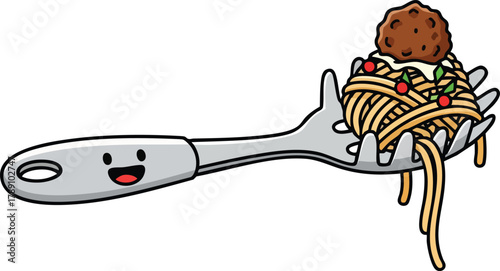 Cartoon Spaghetti Meatball On Fork With Happy Face Illustration Isolated On White Background