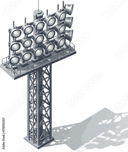 A large stadium lighting tower with multiple spotlights stands on a field with a mountain in the background under a white sky, related to the world cup and soccer events.