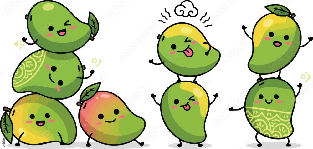 Fototapeta premium Cute Pixel Art Mango Characters Dancing and Stacked Together in Various Poses