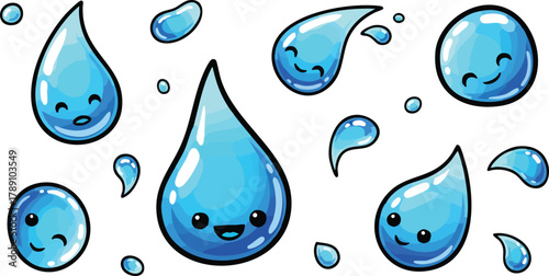 Cute kawaii water droplets with happy sad faces in pixel art style isolated on white background