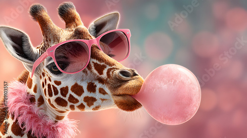 Giraffe with Pink Sunglasses Blowing Bubblegum Whimsical Animal Portrait.