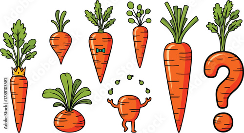 Collection of illustrated pixel art carrots with varying expressions and accessories including a crown a bow tie and a question mark