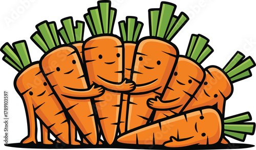 Group Of Cute Carrots Hugging Together In A Pile With Green Tops And Orange Bodies